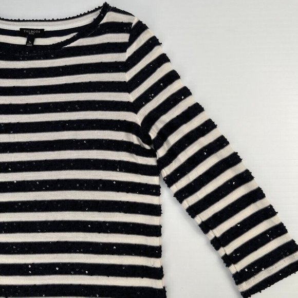 Talbots off white navy sequin 3/4 striped top - Picture 9 of 11